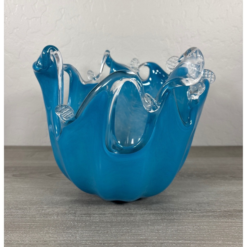 Large Murano Italy Hand Blown Art‎ Glass Splash Bowl Turquoise Blue Handkerchief